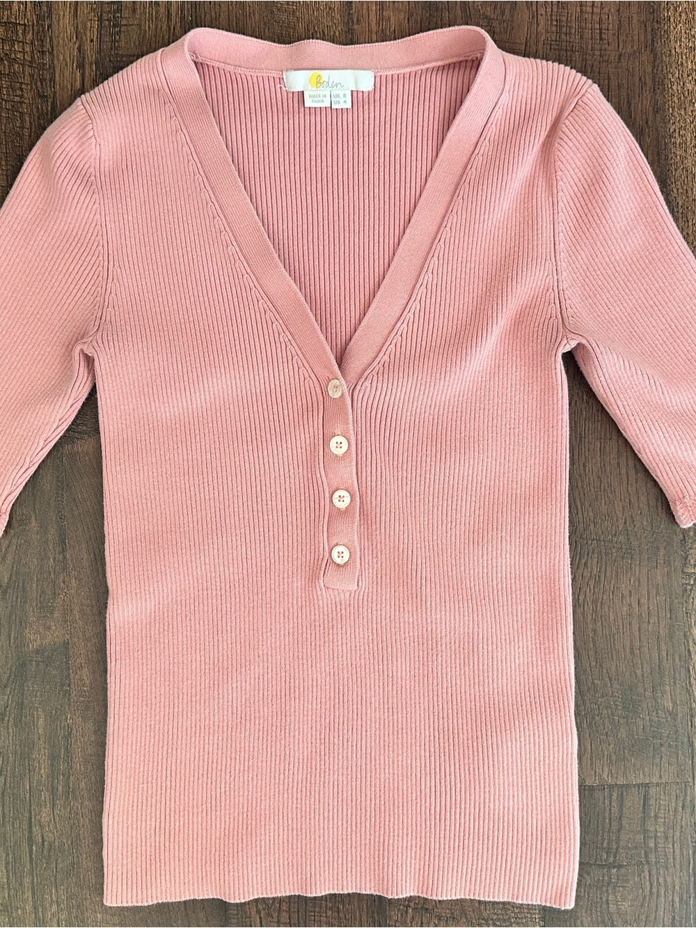 Boden Pink Ribbed Knit Henley Top Size 4 Scallop Sleeve
